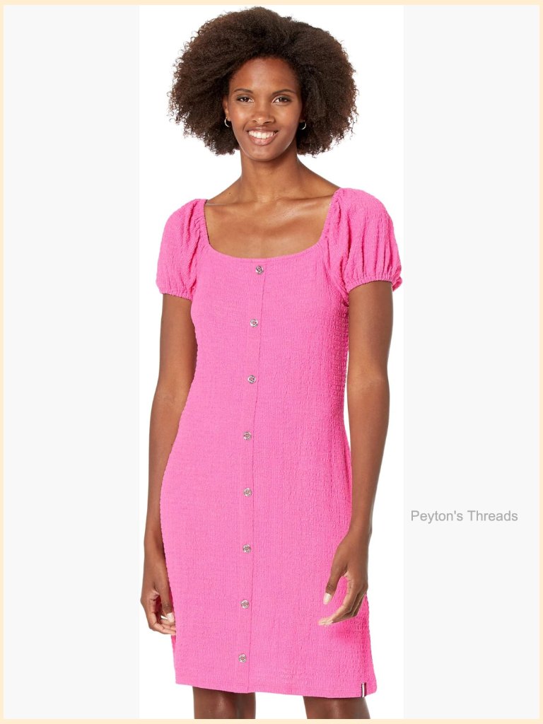 Button Front Puff Sleeve A-Line Dress Cotton Blend
